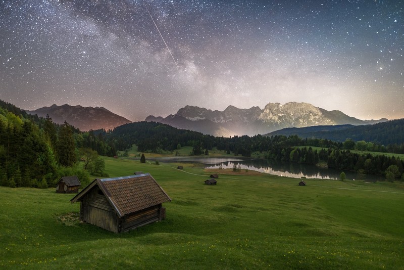 stars, house, landscape, mountains, nature