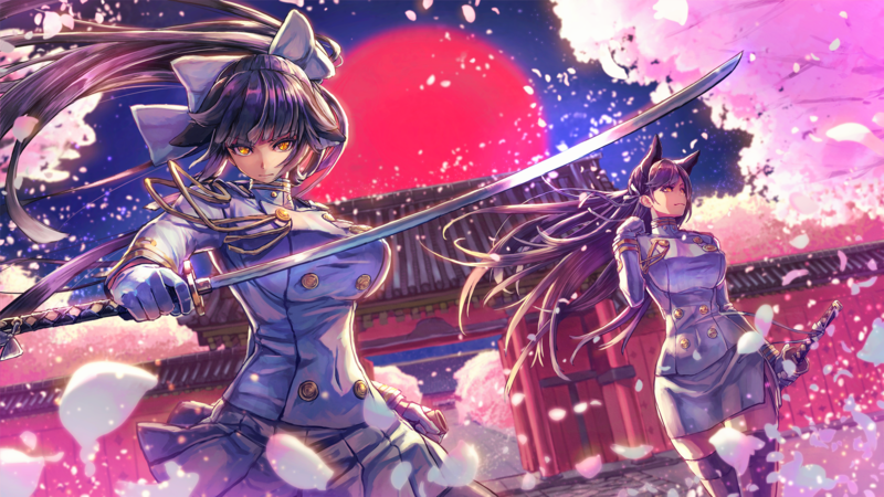 Azur Lane, Atago (Azur Lane), Takao (Azur Lane), fox girl, anime girls, red moon, petals, big boobs