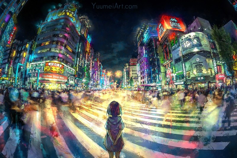 anime girls, city, painting, artwork, Yuumei