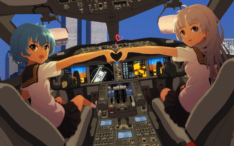 anime girls, airplane, schoolgirl, World Trade Center