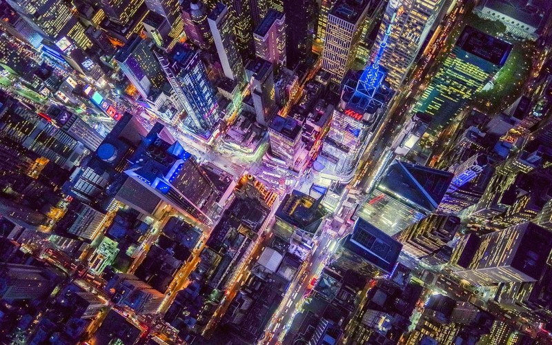 aerial view, cityscape, lights, night, New York City, Times Square