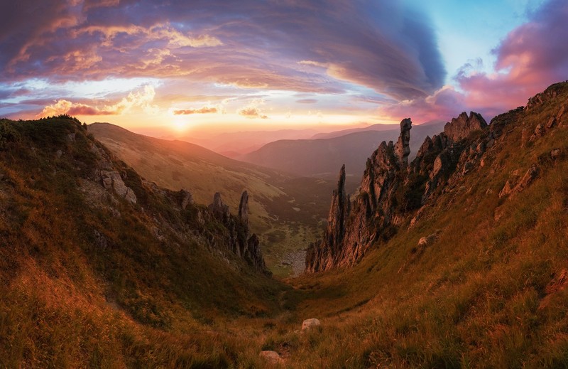 landscape, rock, nature, sky, clouds, valley, mountains, purple sky
