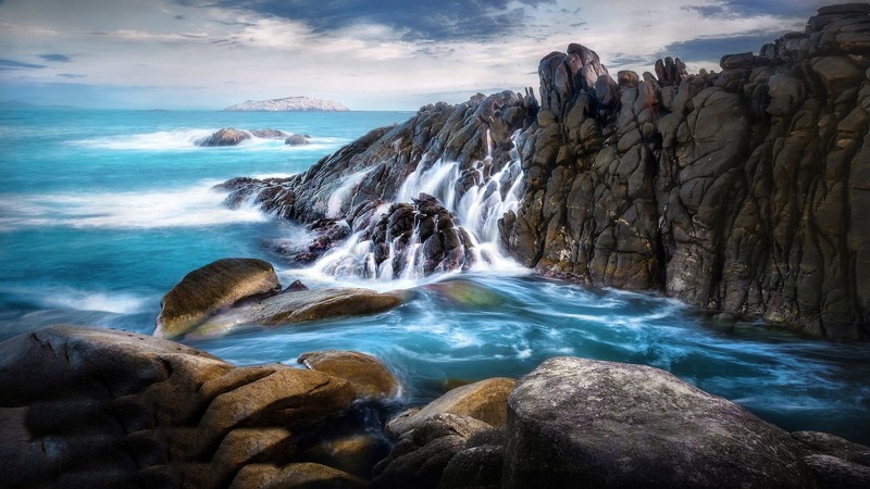 sea, nature, cliff, rock, landscape, waves, long exposure