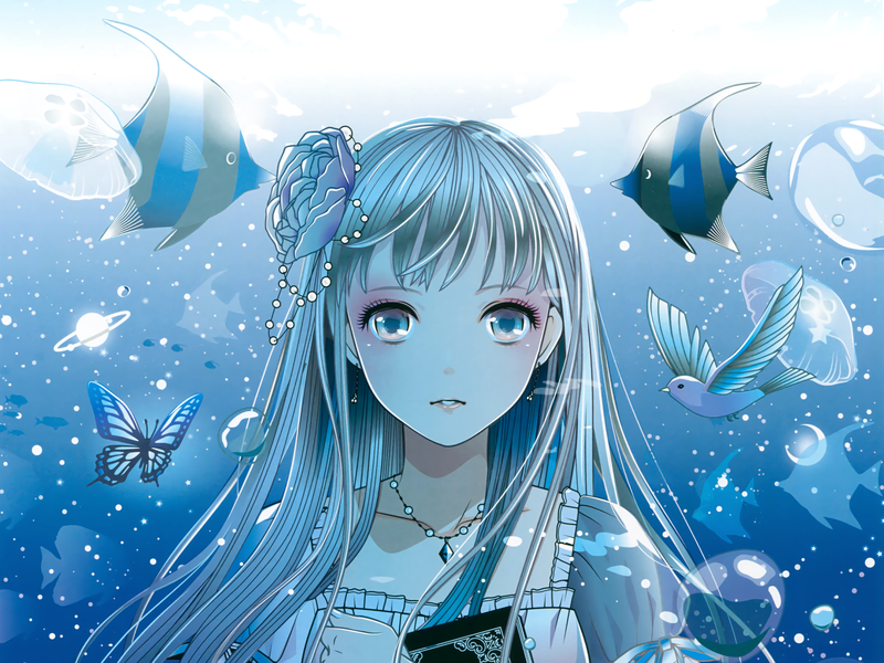 anime girls, anime, long hair, face, animals, birds, fish, blue eyes, butterfly