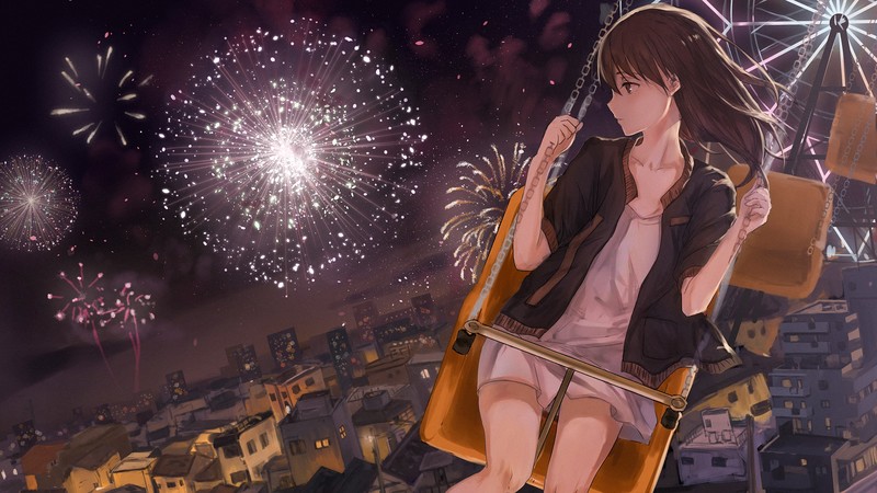 anime girls, anime, fireworks, night, white dress, sad, catzz