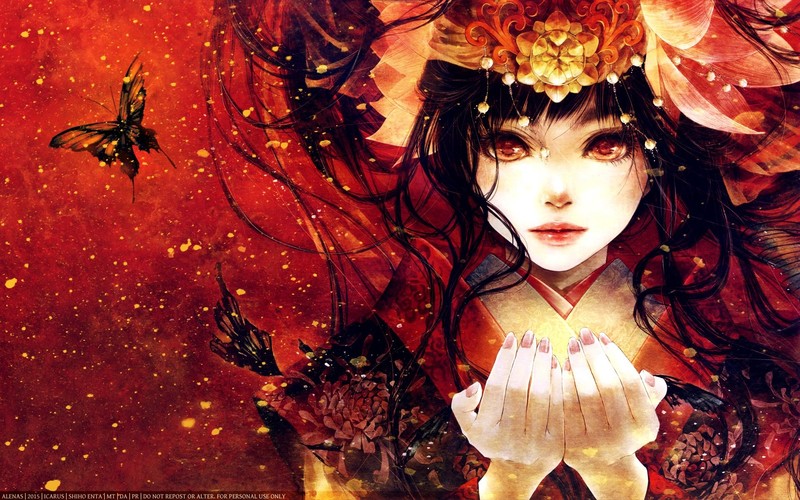 anime girls, anime, 2015 (Year), hands, painted nails, face, dark hair, red eyes