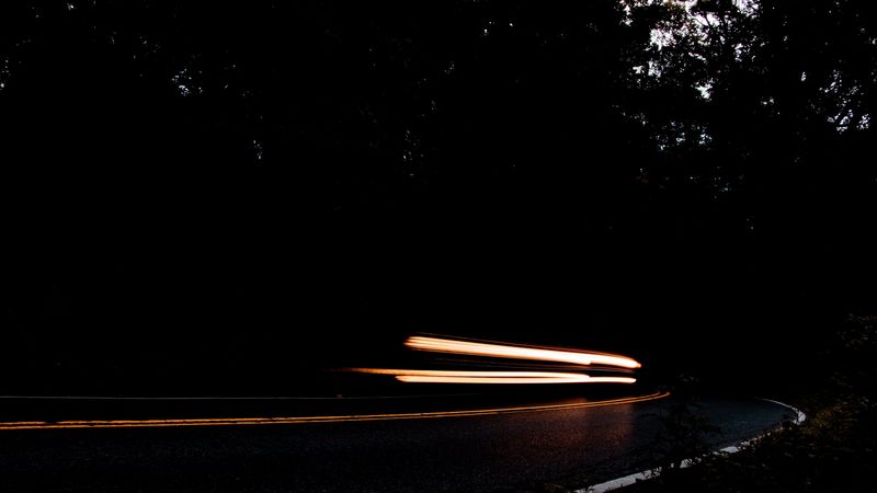long exposure, night, road, turn, darkness, 4k