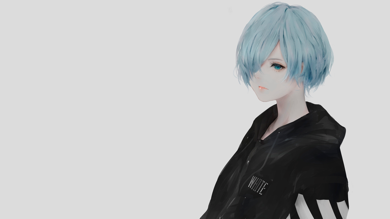 anime, manga, anime girls, minimalism, simple background, turquoise hair, blue eyes, pale, sad
