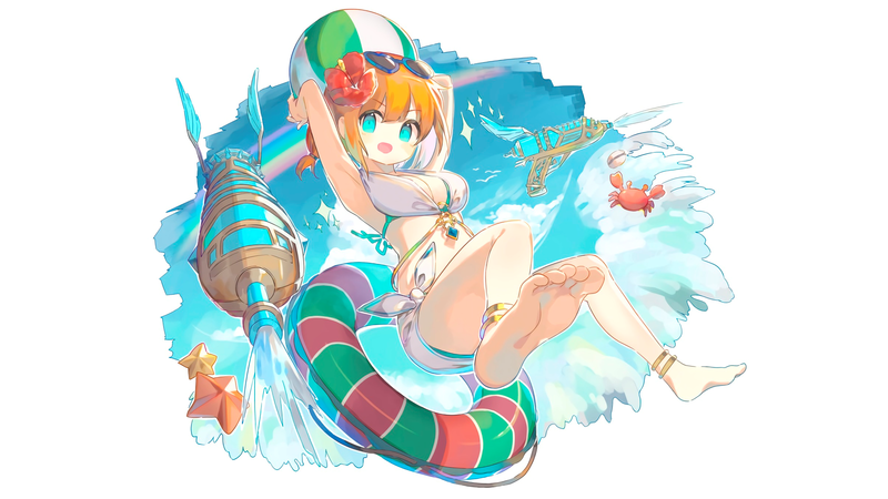 anime, manga, anime girls, simple background, white swimsuit, beach, beach ball, summer, sea, lifebuoys