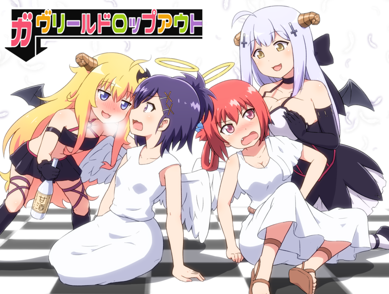 anime, anime girls, Gabriel Dropout, Gabriel White Tenma, Satanichia McDowell Kurumizawa, Vignette April Tsukinose, Vignette Tsukinose April, Raphiel "Raphi" Shiraha Ainsworth, Raphiel Ainsworth Shiraha, simple background, white, artwork, fan art, white dress