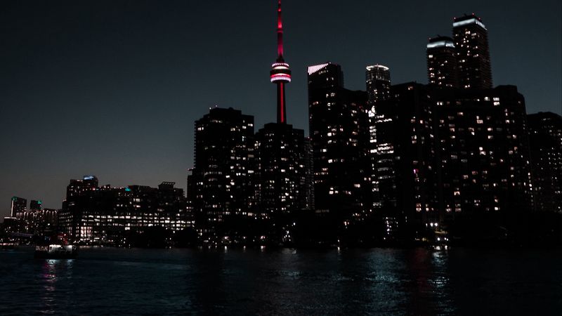 city, night, dark, buildings, water, 4k