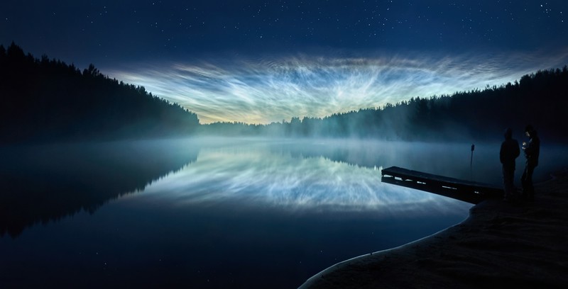 nature, landscape, water, night, stars, lake, pier, trees, forest, reflection, Russia, blue, men