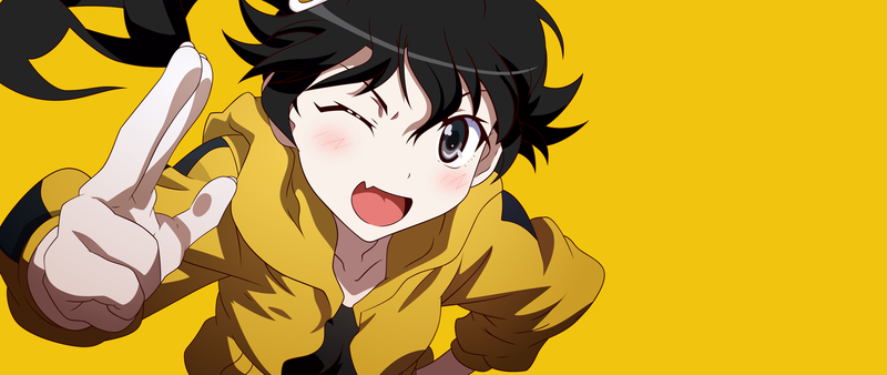 anime, anime girls, Monogatari Series, yellow, white skin, Araragi Karen, tracksuit, artwork, fan art, dark hair, simple background