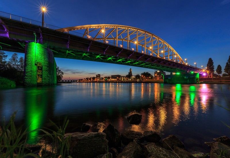 landscape, bridge, lights, river, sky, architecture