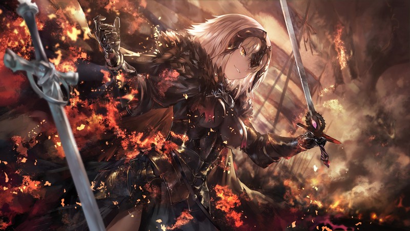 Jeanne (Alter) (Fate/Grand Order), Avenger (Fate/Grand Order), Fate/Grand Order, Fate Series, fire, sword, short hair, yellow eyes, white hair, knight