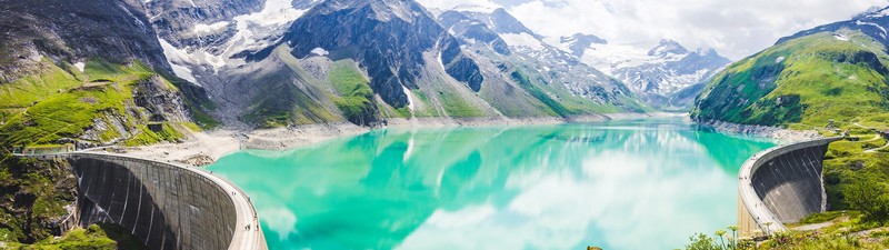 landscape, lake, Austria, mountain pass, clear water, dual display, dual monitors