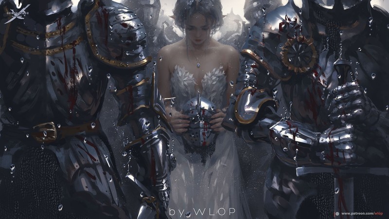 anime girls, WLOP, knight, sad