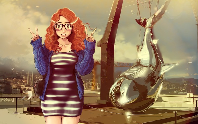 artwork, women, shark, Maku Zoku