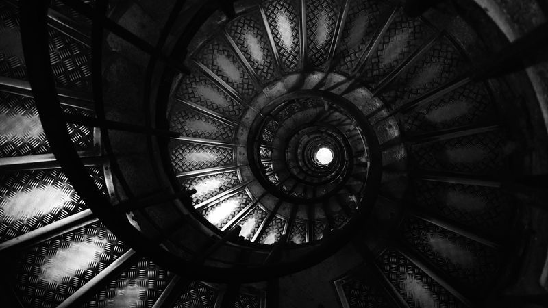 staircase, spiral, bw, dark, architecture, construction, 4k