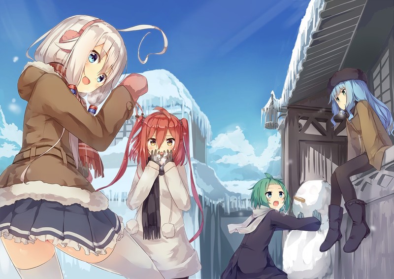 anime girls, white hair, redhead, green hair, blue hair, twintails, snow, snowman, cyan hair