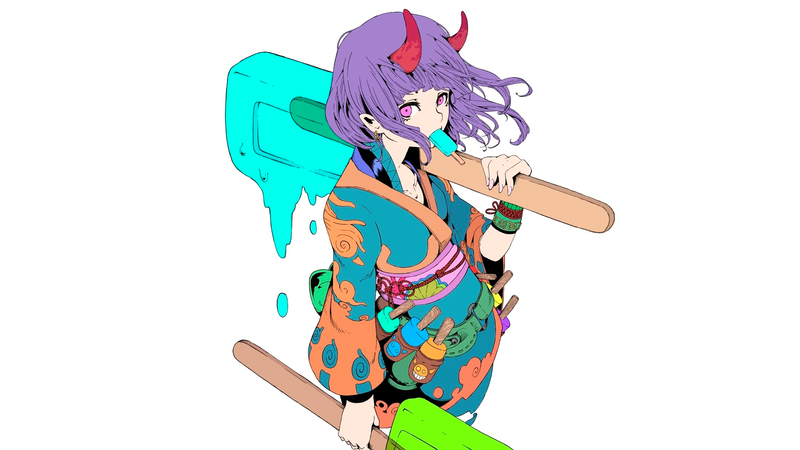 anime, manga, anime girls, minimalism, simple background, white background, purple hair, Oni, demon, ice cream, yukata