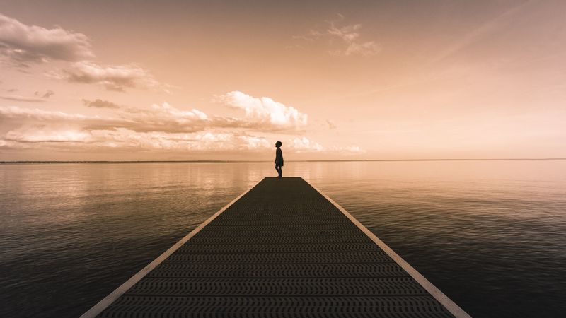silhouette, pier, water, horizon, dusk, 4k