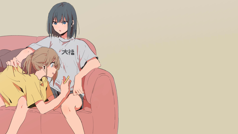 anime, manga, anime girls, minimalism, simple background, schoolgirl, couch, beige, Chill Out
