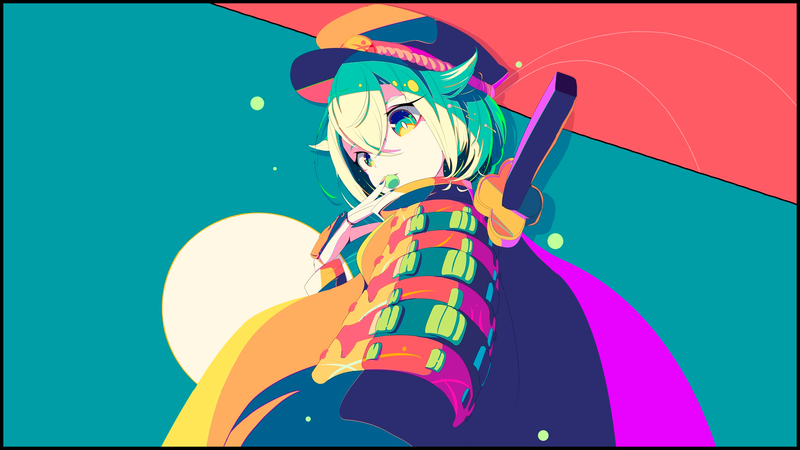 anime, manga, anime girls, minimalism, simple background, katana, hat, colorful