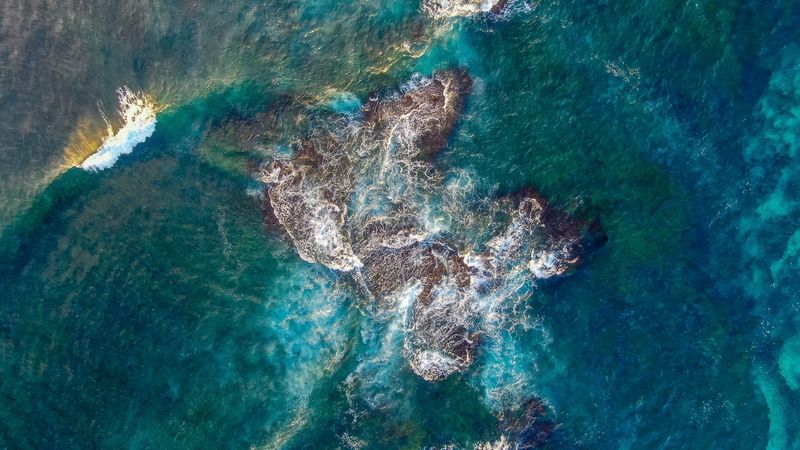 sea, reef, aerial view, waves, water, 4k