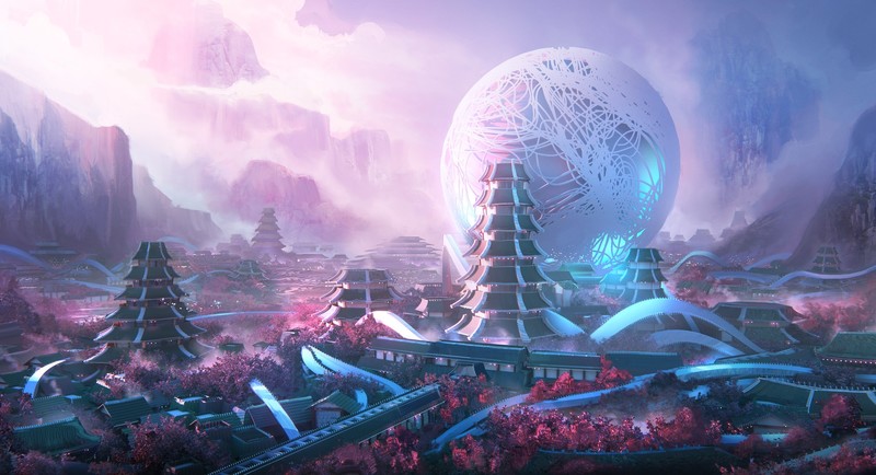 digital art, fantasy art, architecture, cyan, pink