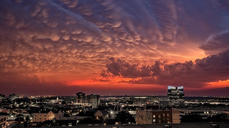 sunset, clouds, city, city lights