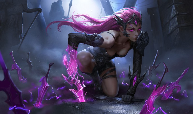 digital art, fantasy art, dagger, pink eyes, pink hair