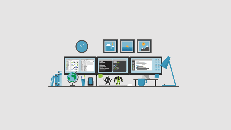 minimalism, computer, multiple display, simple background, clocks, desk lamp, programming