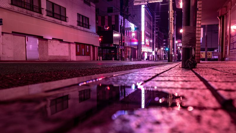 street, puddle, neon, light, night, 4k