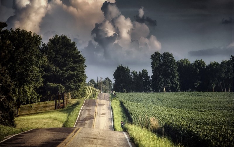 road, landscape, sky, clouds, field