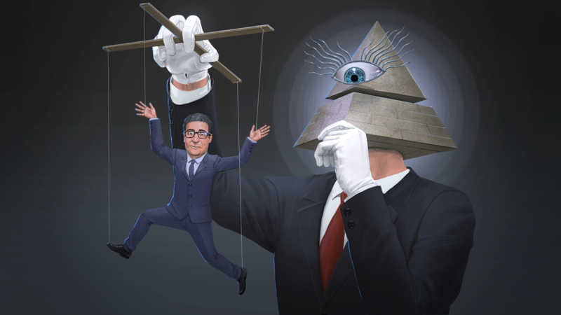 The Great Awakening, puppets, Pyramid Head, Illuminati, propaganda, humor, suits, tie, gray background, gray, dark gray, artwork