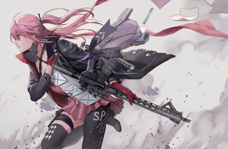 Girls Frontline, AR15 (Girls Frontline), assault rifle, pink hair, pink eyes, thigh-highs, girls with guns