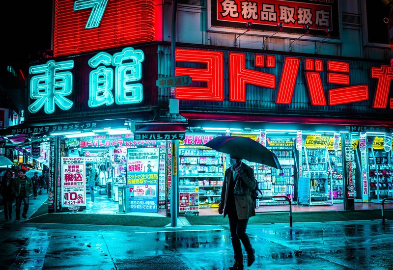 Tokyo, Japan, rain, cyan, red, neon glow, neon, city lights, wet street, bright, umbrella, teemusphoto