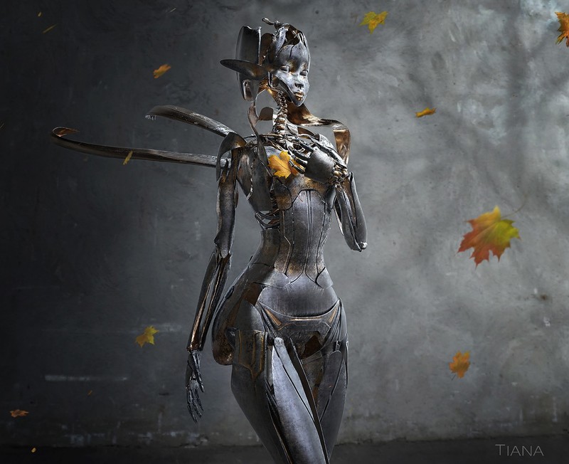 women, machine, gray background, steel, fallen leaves