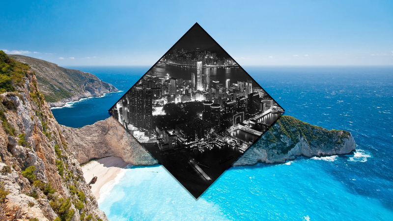 beach, city, picture-in-picture, monochrome