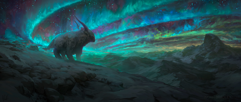 colorful, fantasy art, surreal, mountains, snow, creature, stars, aurorae