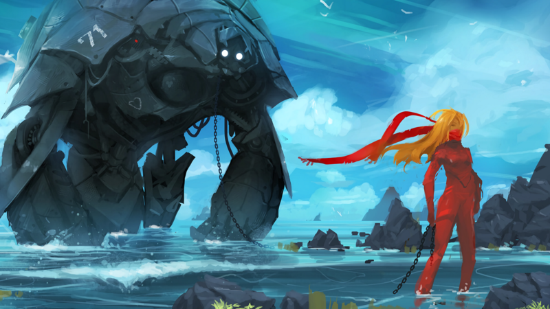 science fiction, robot, chains, sea, shore, women