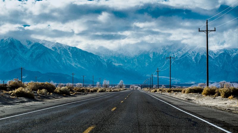 road, marking, distance, mountains, bushes, 4k