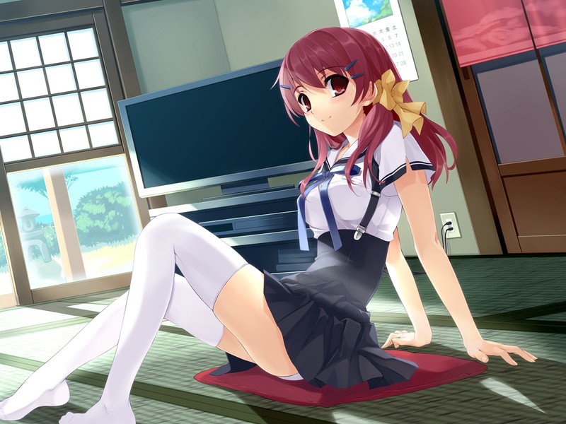 anime girls, redhead, red eyes, hair ornament, school uniform, thigh-highs