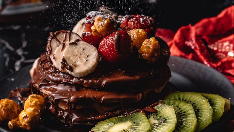pancakes, dessert, chocolate, fruit, 4k