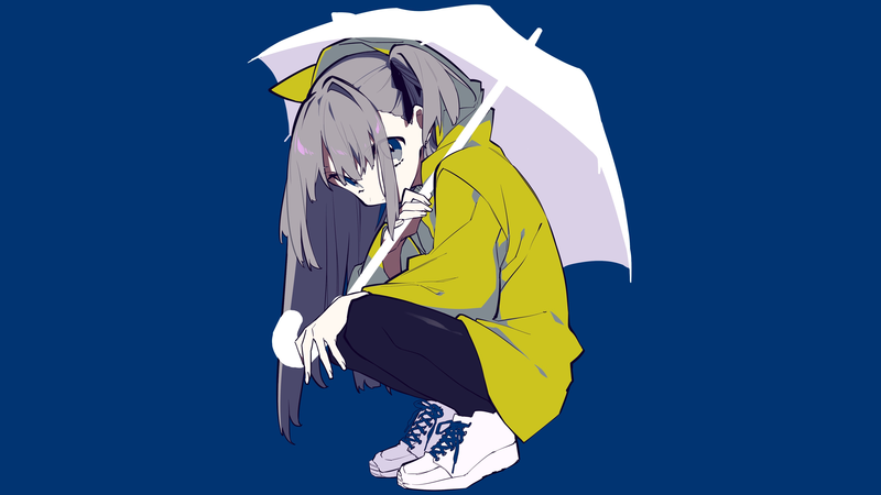 anime, manga, anime girls, simple background, blue, umbrella, grey hair