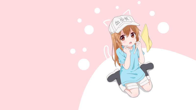 anime, manga, anime girls, minimalism, simple background, pink background, hat, Hataraku Saibou, nekomimi