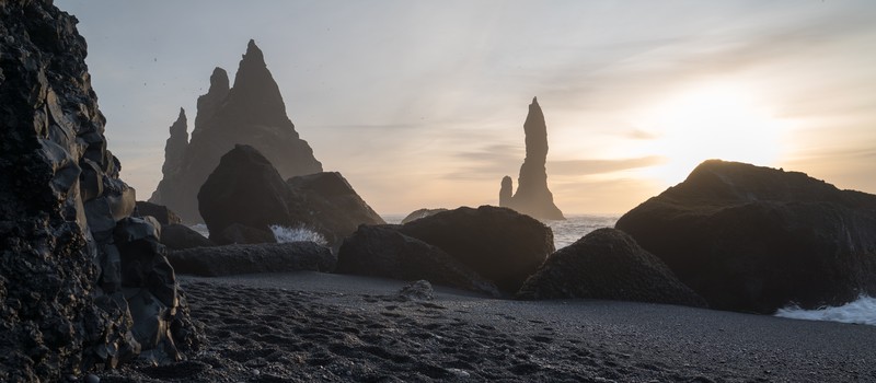 beach, rocks, black sand, nature, multiple display