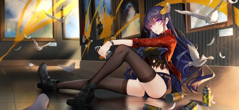 original characters, anime girls, birds, purple eyes, thigh-highs, torn clothes