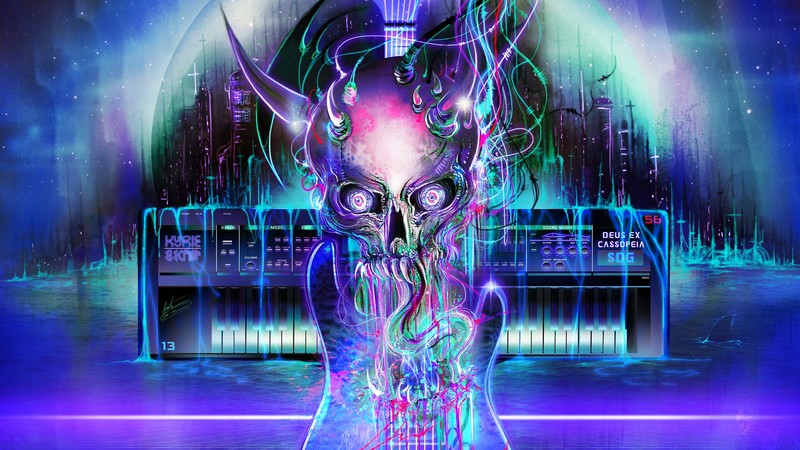 synthwave, vaporwave, neon, neon glow, guitar, skull, keyboards, cyberpunk